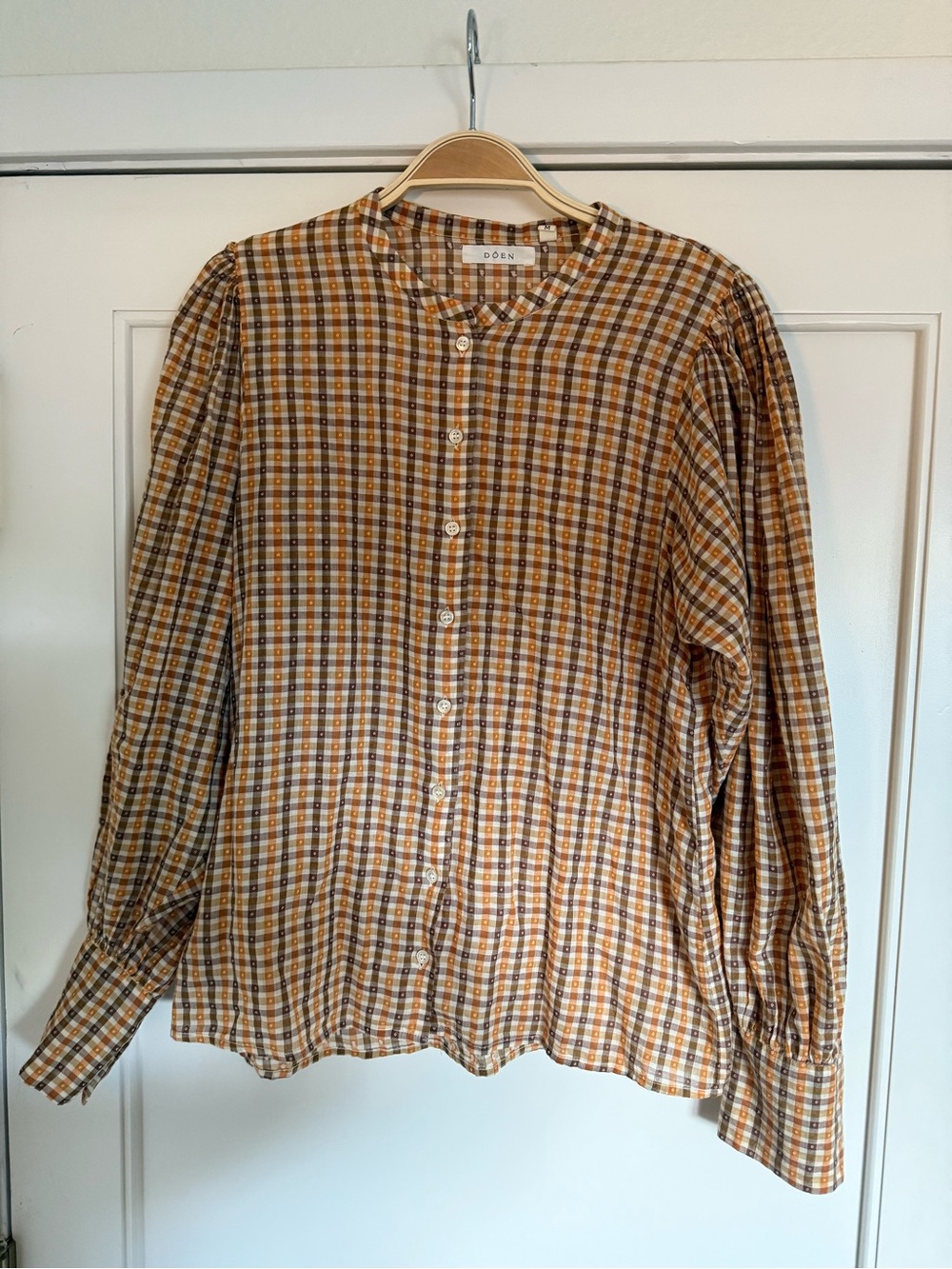 Doen Scarlet Orange Meringue Plaid Buttoned Peasant Cottagecore Top - Picture 3 of 9